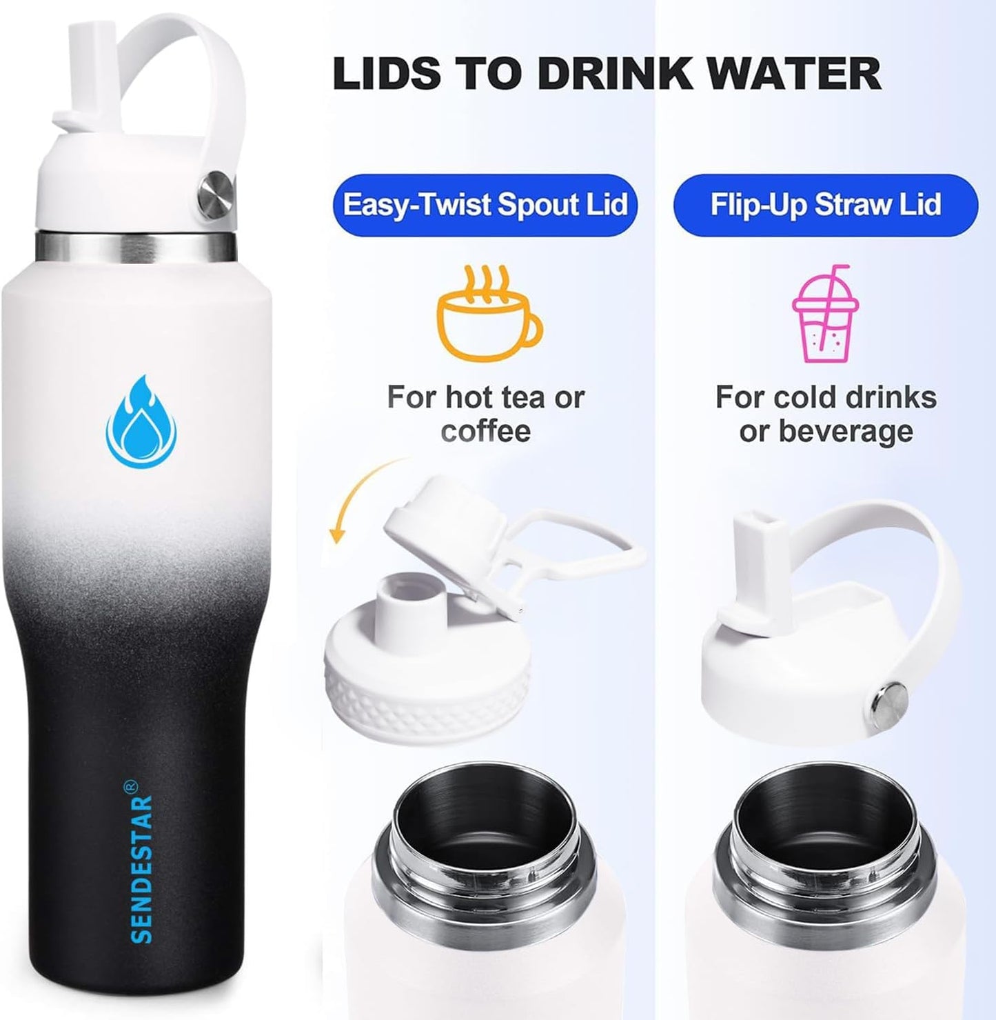 SENDESTAR 40oz Water Bottle Wide Mouth Stainless Steel Vacuum Insulated Double Wall with Straw Lids Fit in Any Car Cup Holder
