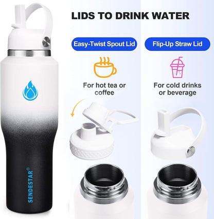 SENDESTAR 40oz Water Bottle Wide Mouth Stainless Steel Vacuum Insulated Double Wall with Straw Lids Fit in Any Car Cup Holder