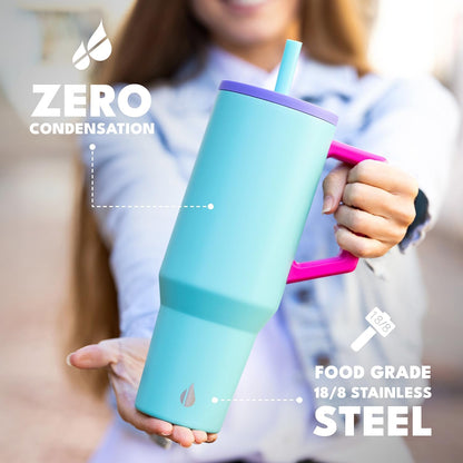 Elemental 32 oz 100% Leak Proof Tumbler with Handle & Straw - Stainless Steel Double Wall Insulated Tumbler for Hot and Cold Beverages - Travel Coffee Mug with Sip & Straw Lid - White - Colors B