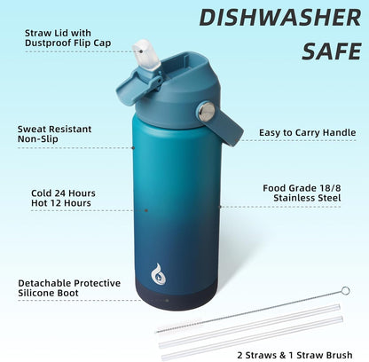 BJPKPK Insulated Water Bottle with Straw Lid, 18oz Thermo Water Bottles with Soft Nozzle, Flex Handle & Non-slip Boot, BPA Free Leak Proof Stainless Steel Metal Thermo, Tumblers, Cups,Sea Salt
