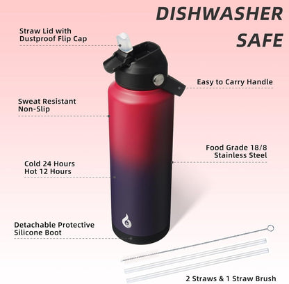 BJPKPK Insulated Water Bottle with Straw Lid, 18oz Thermo Water Bottles with Soft Nozzle, Flex Handle & Non-slip Boot, BPA Free Leak Proof Stainless Steel Metal Thermo, Tumblers, Cups,Sea Salt