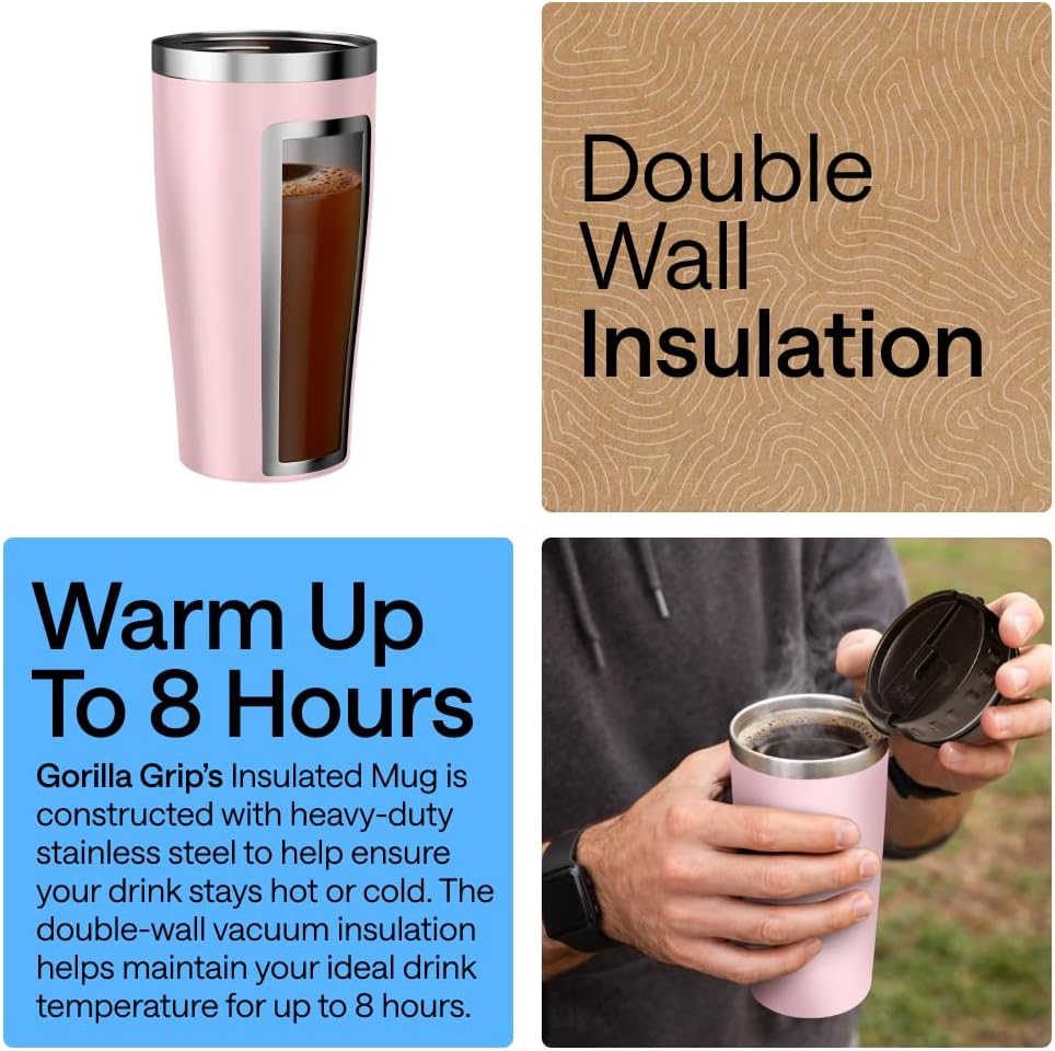 GORILLA GRIP 304 Stainless Steel Double Insulated Travel Coffee Mug, Leakproof Lid with Smooth Sip Top, Prevent Spills, Dent & Rust Resistant Reusable Tumbler Cup, Thermal Mugs for Drinks, 20oz, Black