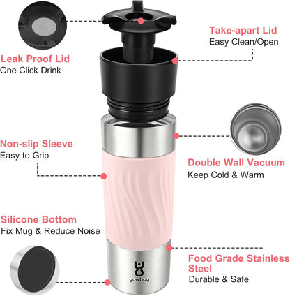 Travel Coffee Mug with 360°Lid, Travel Coffee Tumbler 16 oz Leak Proof, Stainless Steel Insulated Travel Mugs for Hot and Cold Spill Proof Leak Proof (Purple)