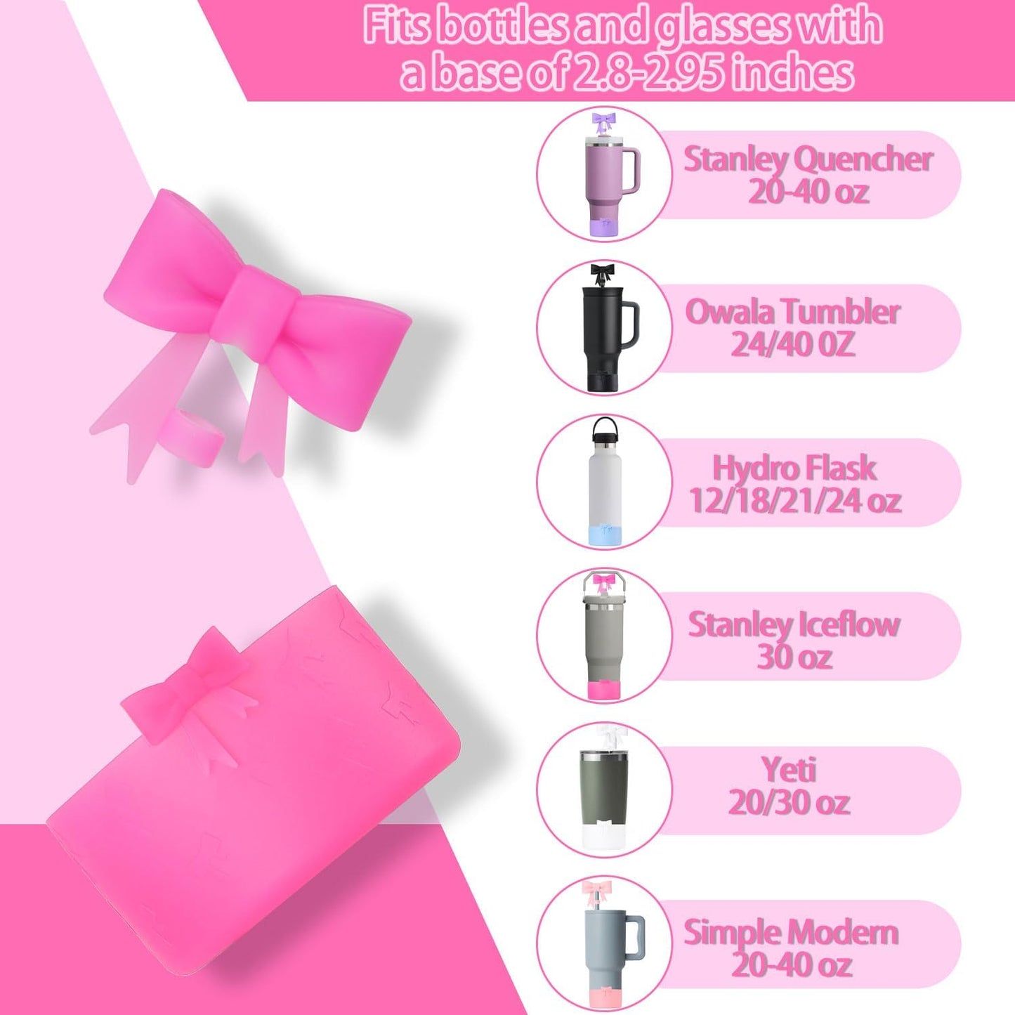 Bow Silicone Protective for Stanley Boot for 20/30/40Oz, 2 Pack for Stanley Cup Accessories Compatible 12-24Oz for Hydroflask Boot and More (Pink Set)