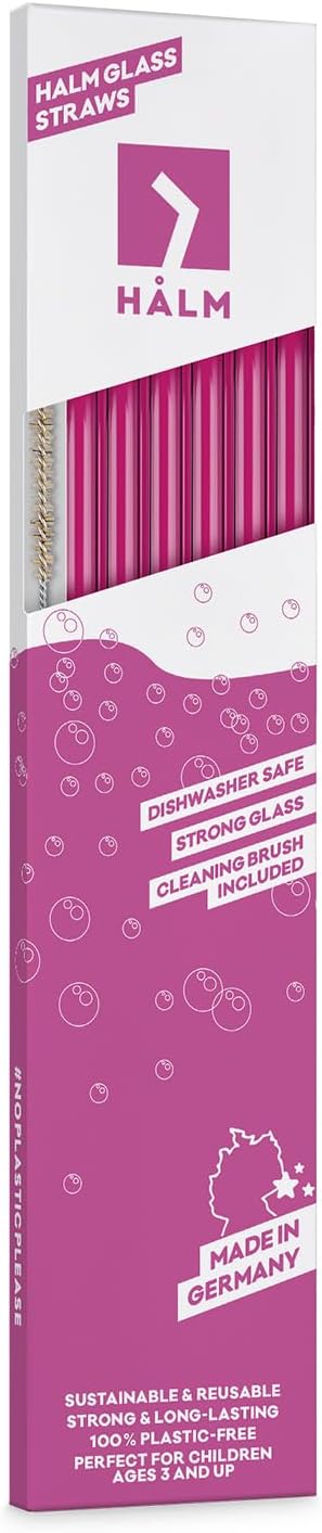 Halm Glass Straws - 6 Long 12 inch Bent Stanley Cup Replacement Drinking Straws + Plastic-Free Cleaning Brush - Perfect for Bottles & Quencher - Made in Germany - Dishwasher Safe - Eco-Friendly