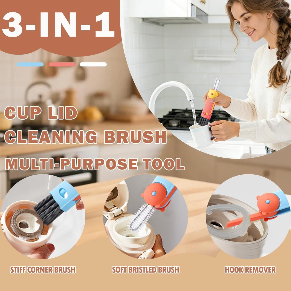 3 in 1 Cup Lid Cleaning Brush, 4PCS Multifunctional Crevice Cleaning Brush for Water Bottle Insulated Cup Tumbler Lid Groove Narrow Space Detail Cleaner Home Kitchen Gadgets