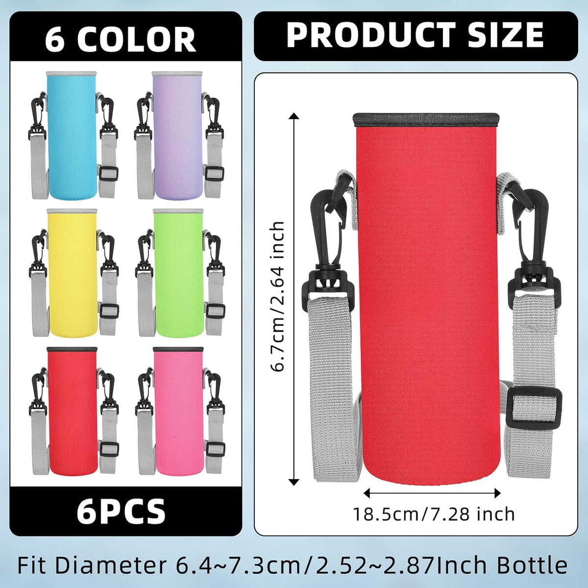 6 Pcs Neoprene Water Bottle Holder with Adjustable Strap, Stylish