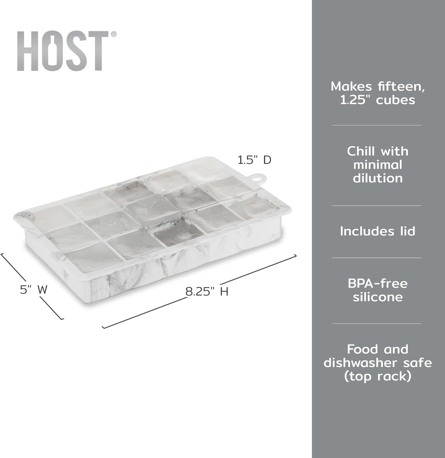 Host Ice Cube Tray, Makes Four 5-Inch Long Cubes, Durable Silicone Trays with Easy Release Design, Perfect for Water Bottles and Highball Glasses, Home Bar Accessories, Set of 1, Marble