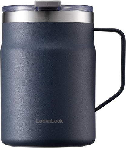 LocknLock Metro Mug Premium 18/8 Stainless Steel Double Wall Insulated with Handle Perfect for table with Lid, Black, 16 oz