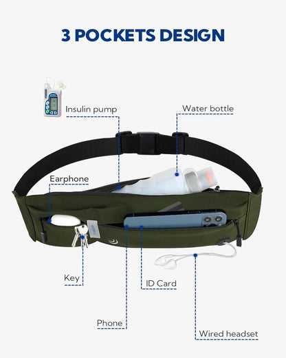 WATERFLY Running Belt Fanny Pack: Runner Marathon Jogging Waist Pack Sport Workout Exercise Fitness Phone Holder Belt for Men Women Jogger Slim Waist Bag Black