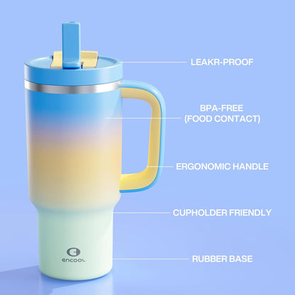 40 oz Tumbler with Handle and Straw: Stainless Steel Insulated Tumbler Keeps Cold for 24 Hours, Leakproof Travel Cup Fits in Cup Holder and BPA-Free, Cotton Candy