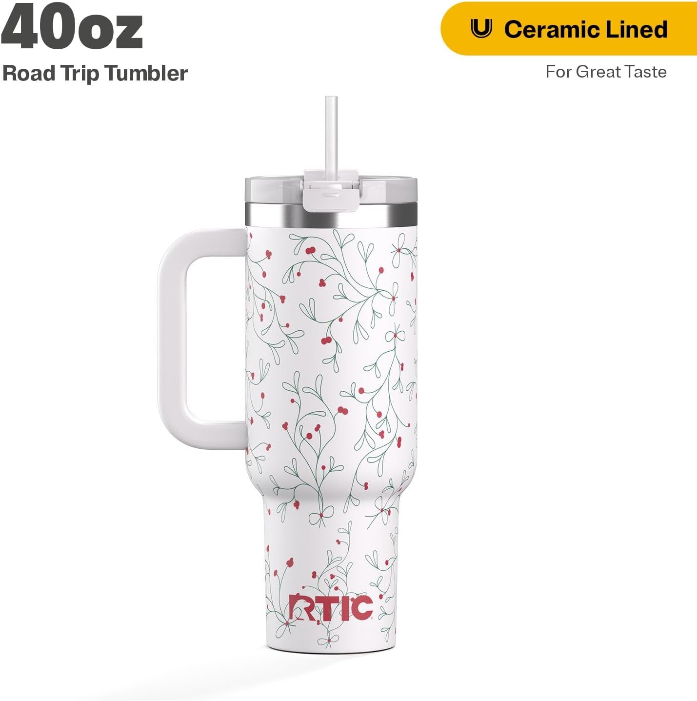 RTIC 30 oz Road Trip Tumbler Double-Walled Ceramic Lined InsulatedStainless Steel Portable Travel Coffee Mug Cup with Lid, Handle and Straw, Periwinkle Bouquet
