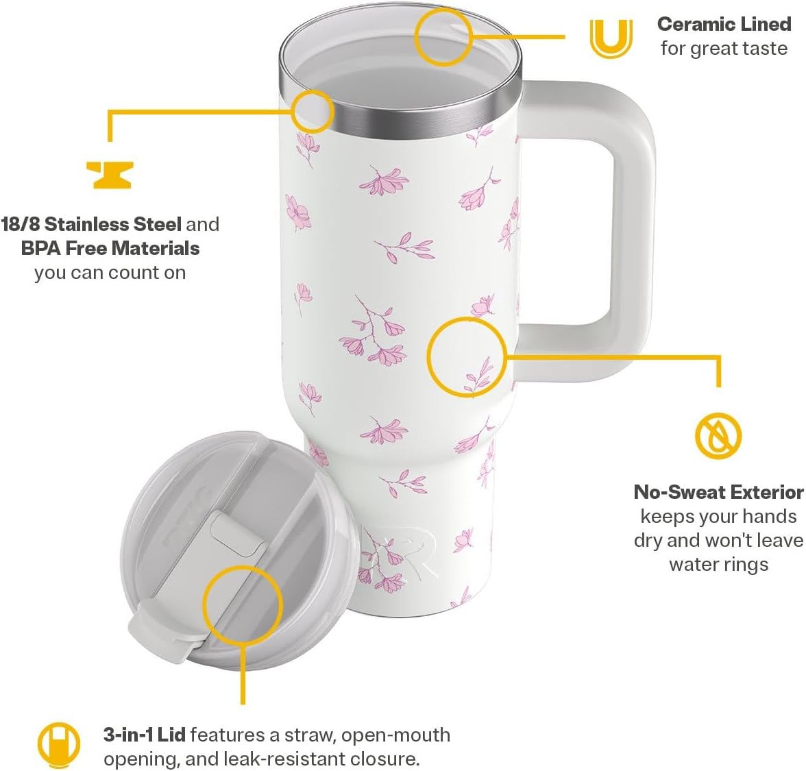 RTIC 30 oz Road Trip Tumbler Double-Walled Ceramic Lined InsulatedStainless Steel Portable Travel Coffee Mug Cup with Lid, Handle and Straw, Periwinkle Bouquet