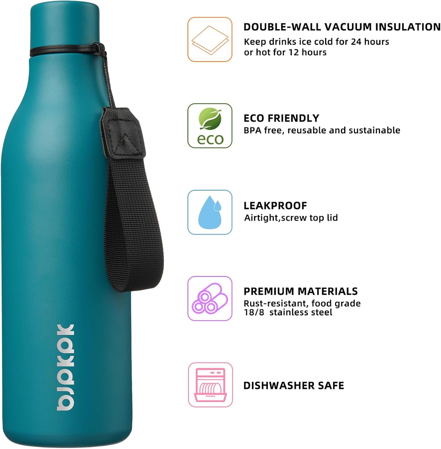 BJPKPK Insulated Water Bottles, 18 oz Stainless Steel Metal Water Bottle with Strap, BPA Free Leak Proof Jugs, Mugs, Flasks, Reusable Thermal Flasks for Sports & Travel, Black - Colors A