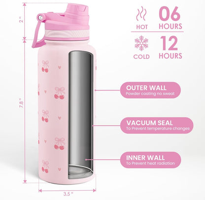SANDJEST Pickleball Stainless Steel Water Bottle with Strap 32oz, Insulated Bottles with Straw and Spout Lid for Gym Sports Travel Outdoor, Gifts for Women Girls Birthday Christmas