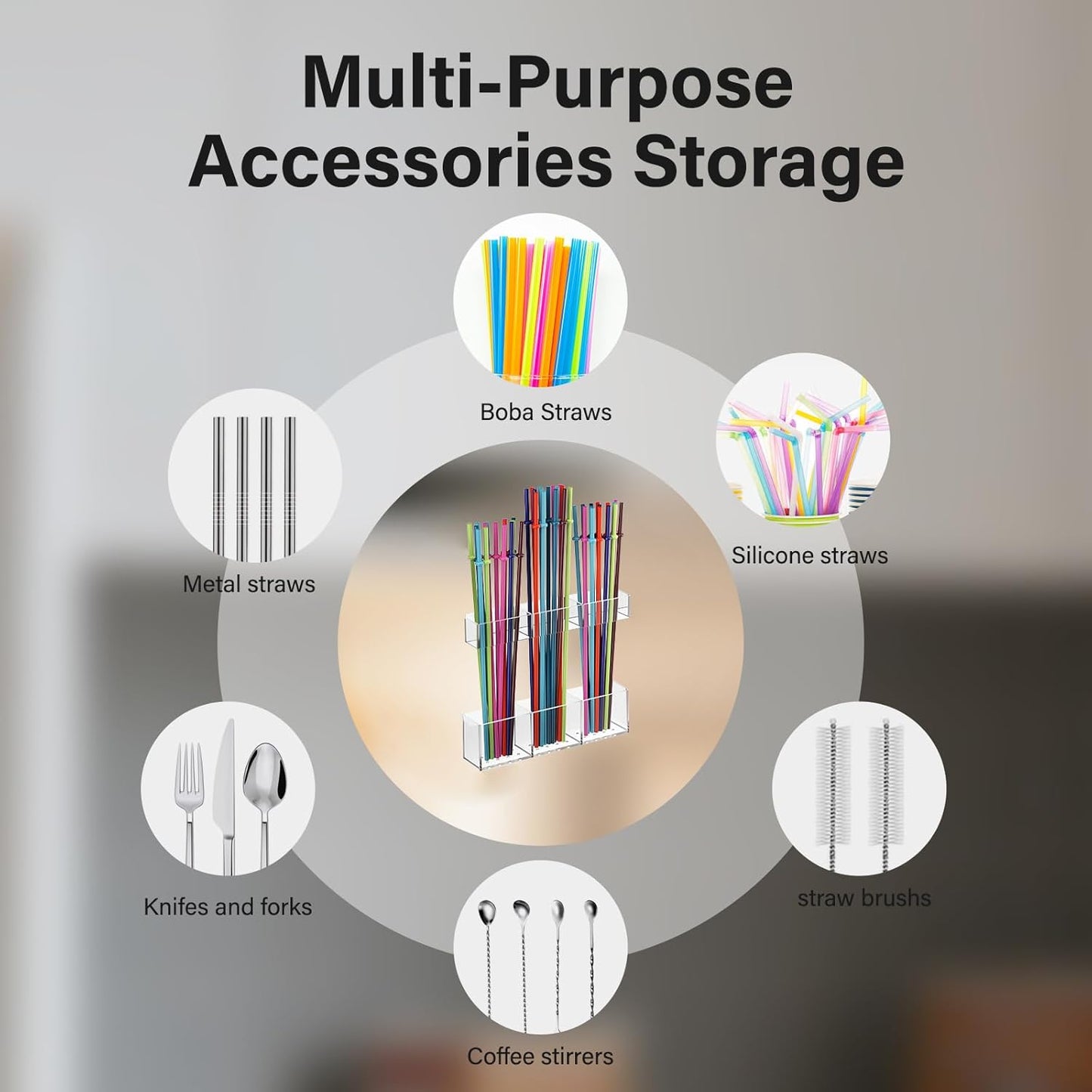Straw Holder for Cabinet Door, Reusable Tumbler Straw Organizer Storage Container Mount for Kitchen Counter Cupboard Door (Transparent, 9.5inch)