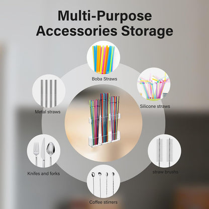 Straw Holder for Cabinet Door, Reusable Tumbler Straw Organizer Storage Container Mount for Kitchen Counter Cupboard Door (Transparent, 9.5inch)