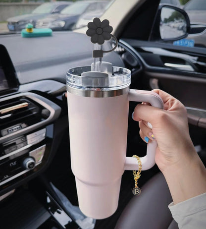 Stanley Cup Accessories, 1pc Flower Stanley Straw Cover Silicone Straw Topper for Stanley 30&40 oz Tumbler with Handle and 1pc Initial Letter Charm for Stanley Cup (Letter D)