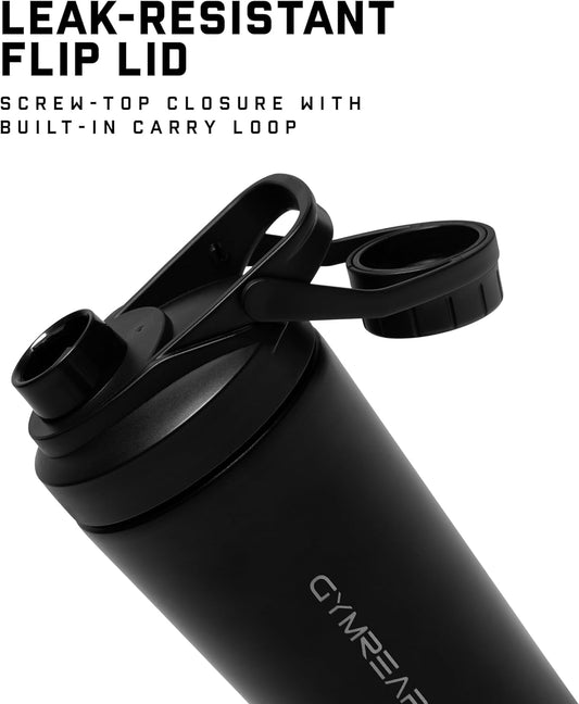 Gymreapers Stainless Steel Protein Shaker Bottle - Double Wall Insulated, Leak Proof, BPA-Free Metal Vacuum Blender Cup For Gym, Sports, Pre & Post-Workout Cold Hydration - 26 OZ (Black)