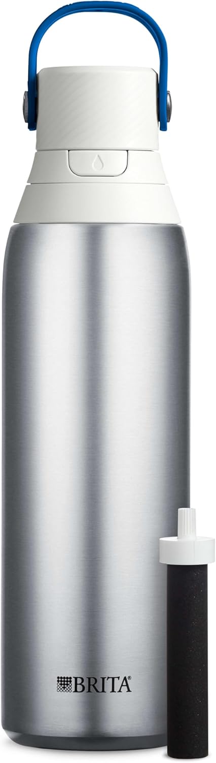 Brita Stainless Steel Premium Filtering Water Bottle, BPA-Free, Reusable, Insulated, Replaces 300 Plastic Water Bottles, Filter Lasts 2 Months or 40 Gallons, Includes 1 Filter, Glacier - 20 oz