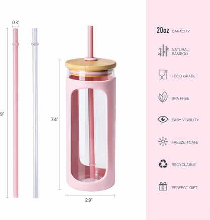 Kodrine 20oz Glass Water Tumbler with Straw and Lid, Bamboo Lids Water Bottle, Iced Coffee Cup Reusable, Wide Mouth Smoothie Cups with Protective Silicone Sleeve BPA FREE-Black - Colors A