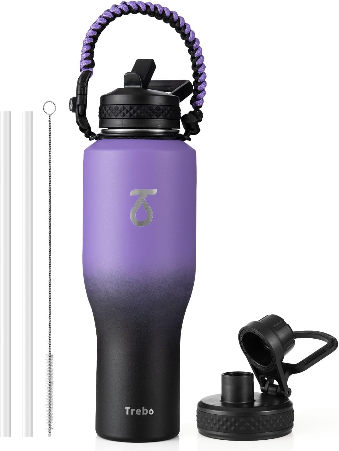 Trebo 40 oz Water Bottle Insulated Fit Car Cup Holder with Handle, Stainless Steel Water Bottles Tumbler with Spout Straw Lids, Double Wall Travel Reusable Flask, Leakproof Mug,Keep Cold &Hot,Black
