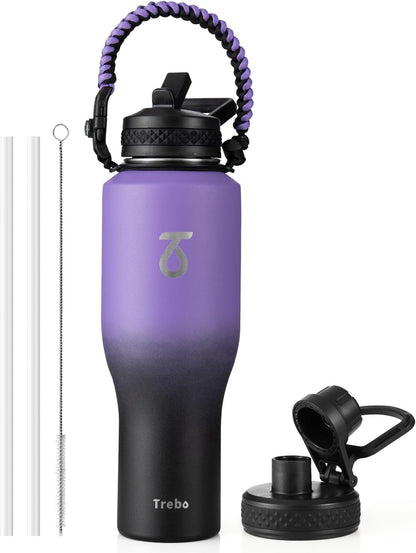 Trebo 40 oz Water Bottle Insulated Fit Car Cup Holder with Handle, Stainless Steel Water Bottles Tumbler with Spout Straw Lids, Double Wall Travel Reusable Flask, Leakproof Mug,Keep Cold &Hot,Black