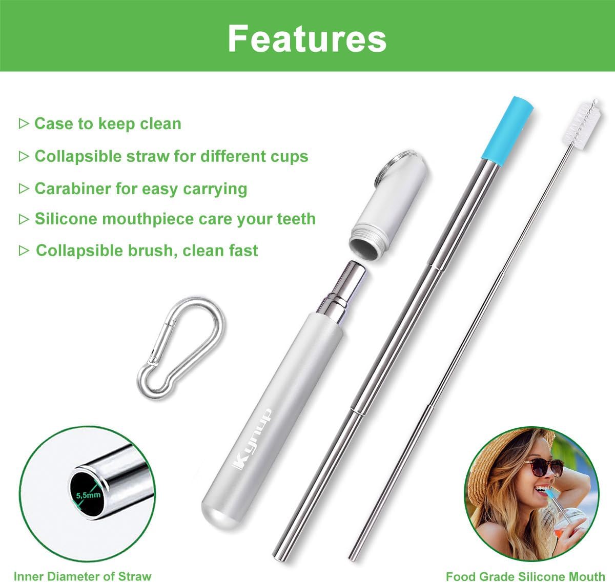 Kynup 4Packs Reusable Straws, Metal Straw with Silicon, Travel Drinking Straws with Case, Keychain, Cleaning Brushes, Silicon Pcs Perfect for Travel, Gifts (20 PCS) Blue-Black-Silver-Turquoise