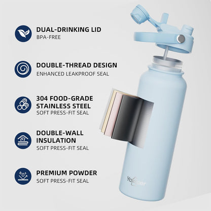 26oz Insulated Water Bottle with 2-in-1 Straw and Spout Lid, 304 Stainless Steel Water Bottle Keep Cold for 24H,Leak-Proof,Sports Water Bottle with Braided Carry Strap for Gym,Travel,Outdoors,Black
