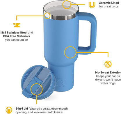 RTIC 30 oz Road Trip Tumbler Double-Walled Ceramic Lined InsulatedStainless Steel Portable Travel Coffee Mug Cup with Lid, Handle and Straw, Periwinkle Bouquet