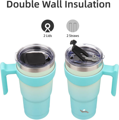 Konokyo 20 oz Tumbler with Handle and 2 Straw 2 Lid, Insulated Water Bottle Stainless Steel Vacuum Cup Reusable Travel Mug,Black
