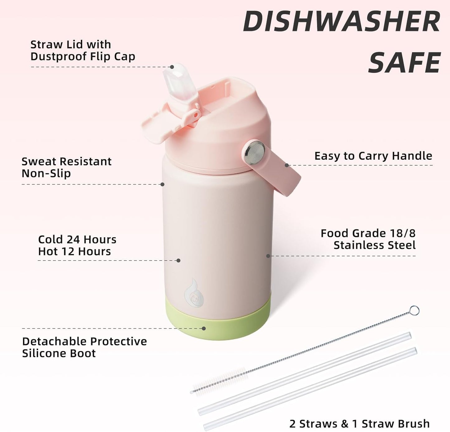 BJPKPK Insulated Water Bottle with Straw Lid, 18oz Thermo Water Bottles with Soft Nozzle, Flex Handle & Non-slip Boot, BPA Free Leak Proof Stainless Steel Metal Thermo, Tumblers, Cups,Sea Salt