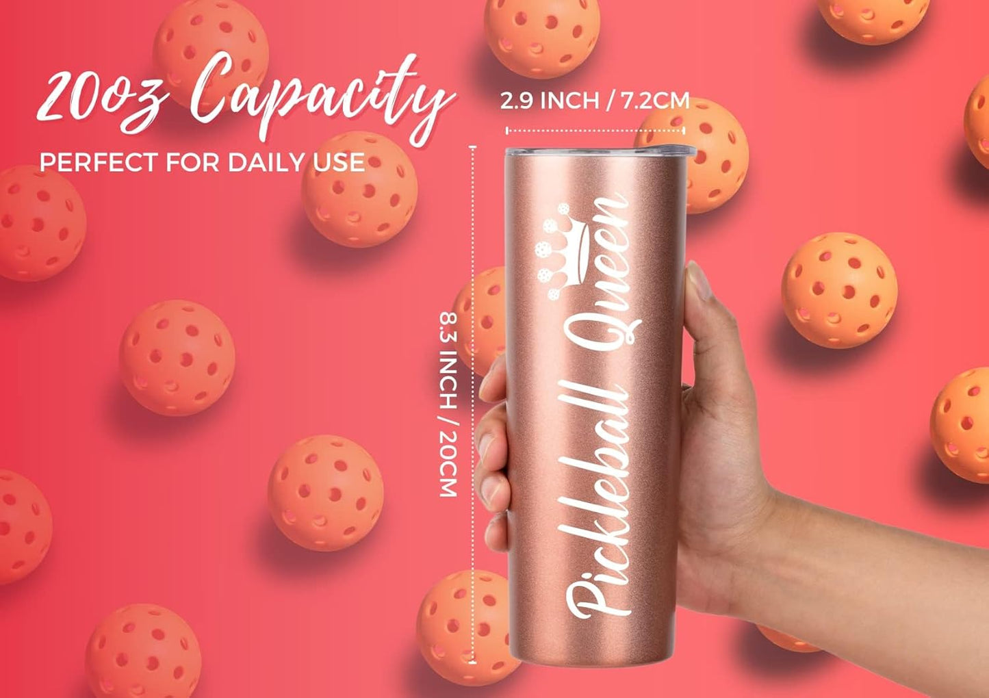 Onebttl Pickleball Gifts for Women - 20 oz Stainless Steel Skinny Tumbler with Lid, Pickleball Queen (Rose Gold)
