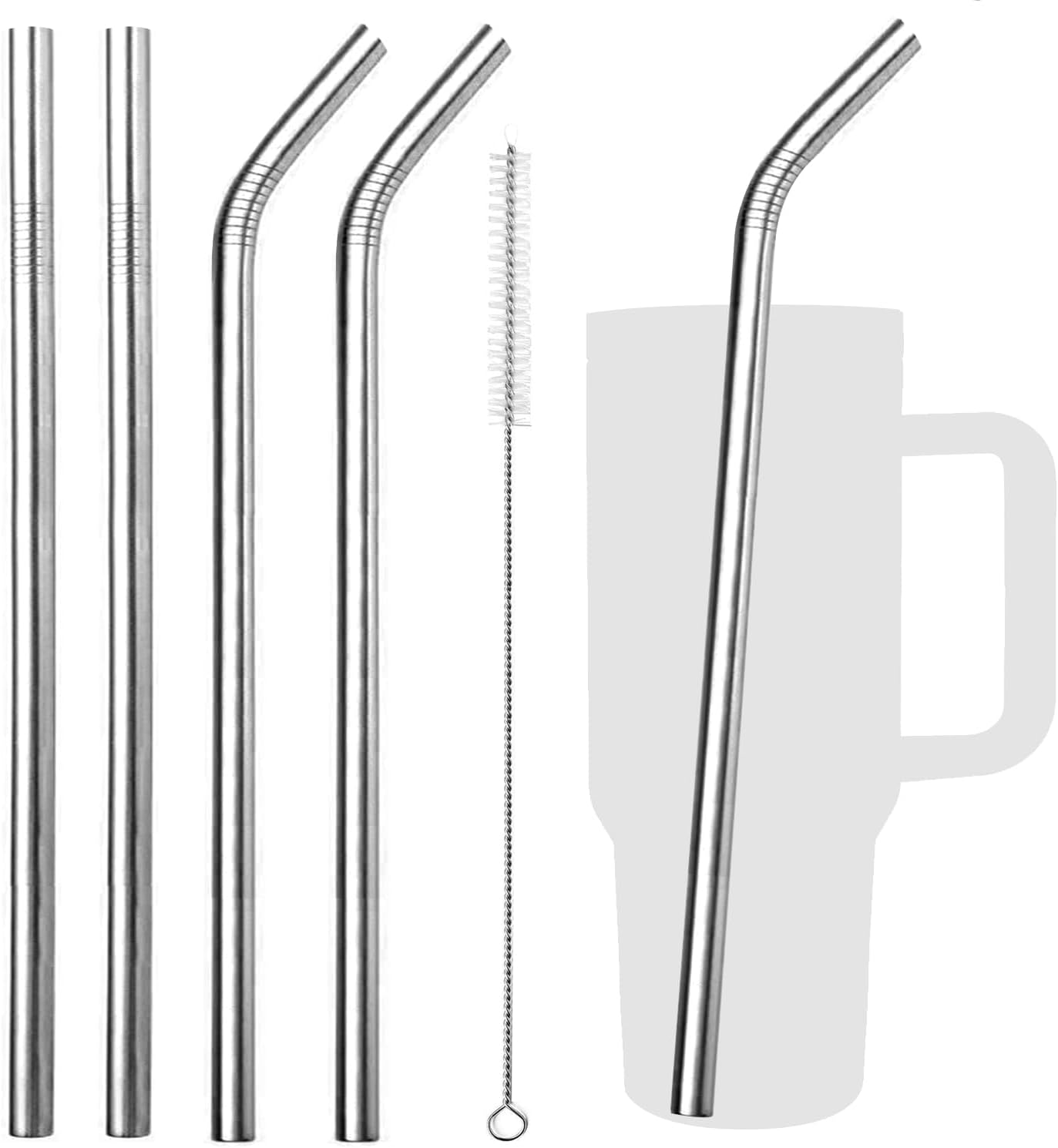 VEHHE Metal Straws Stainless Steel Straws Drinking Straws Reusable - 10.5" Ultra Long 4 + 1 - W/Cleaning Brush for 20/30 Oz for Yeti RTIC SIC Ozark Trail Tumblers (2 Straight|2 Bent|1 Brush)