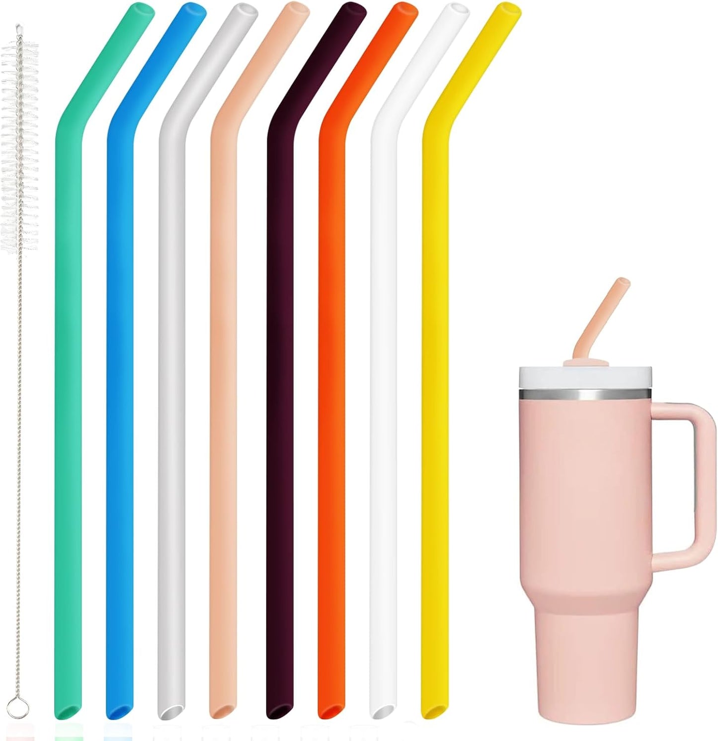8 Pack Replacement Straws for Stanley Cup 40 Oz 30oz Tumbler, 12 Inch Long 0.4" Wide Reusable Silicone Straw For Yeti/Simple Modern With 1 Cleaning Brush - 8 Colorful Bent