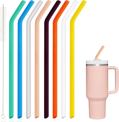 8 Pack Replacement Straws for Stanley Cup 40 Oz 30oz Tumbler, 12 Inch Long 0.4" Wide Reusable Silicone Straw For Yeti/Simple Modern With 1 Cleaning Brush - 8 Colorful Bent