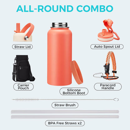 32/40/64OZ Insulated Water Bottle - Keep Cold 48H Hot 24H, Combo Straw/Spout Lids, Paracord Handle for Gym/Hiking, Carrier Bag +Strap, Cup Mat, BPA-Free Stainless Steel Flask Jug