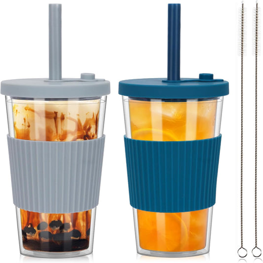 2 Pack Reusable Boba Cups, 17oz Iced Coffee With Straw and Lid, Leakproof Clear Plastic Tumbler, Double Wall Insulated Smoothie Cup, Pastel Violet and Cornflower Blue