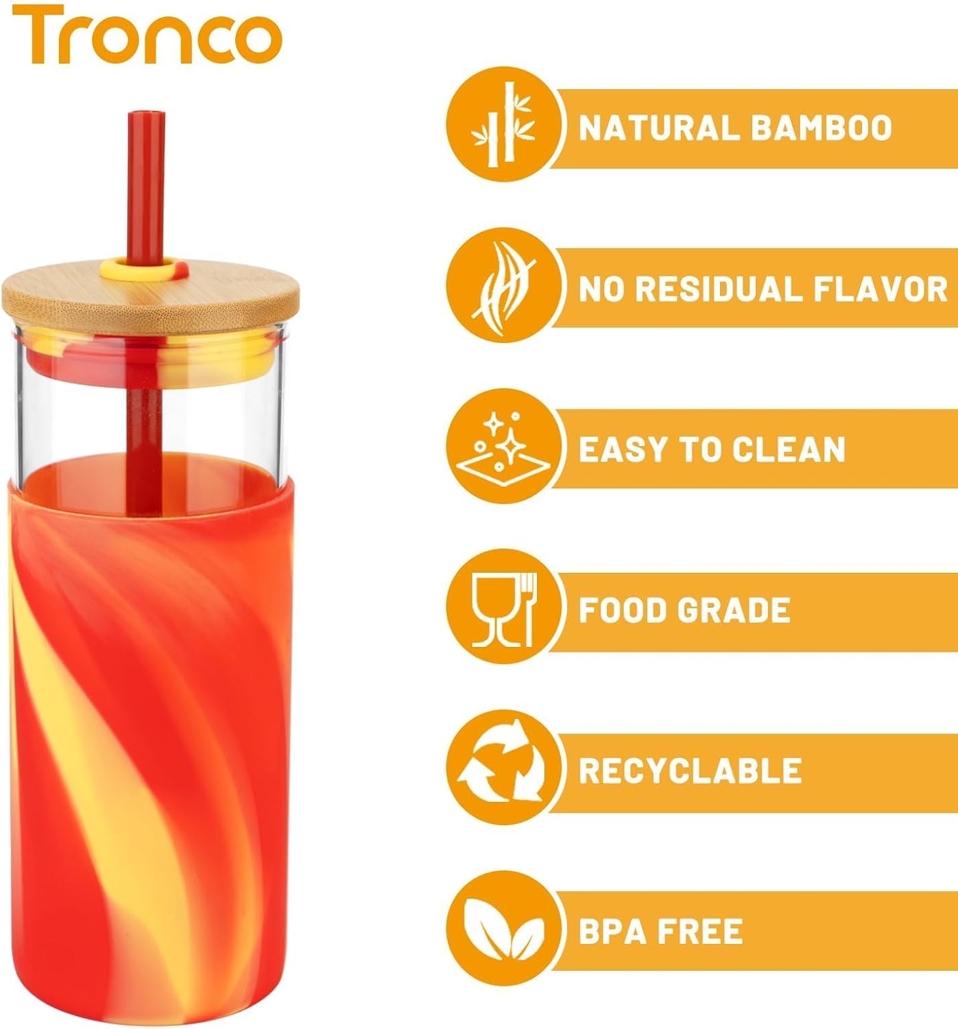 Tronco 20 oz Glass Tumbler with Lid and Straw, Iced Coffee Cup and Smoothie Cup with Bamboo Lids & Protective Silicone Sleeve, Dishwasher Safe, BPA-Free, Glass Cup 1 Pack - Colors B