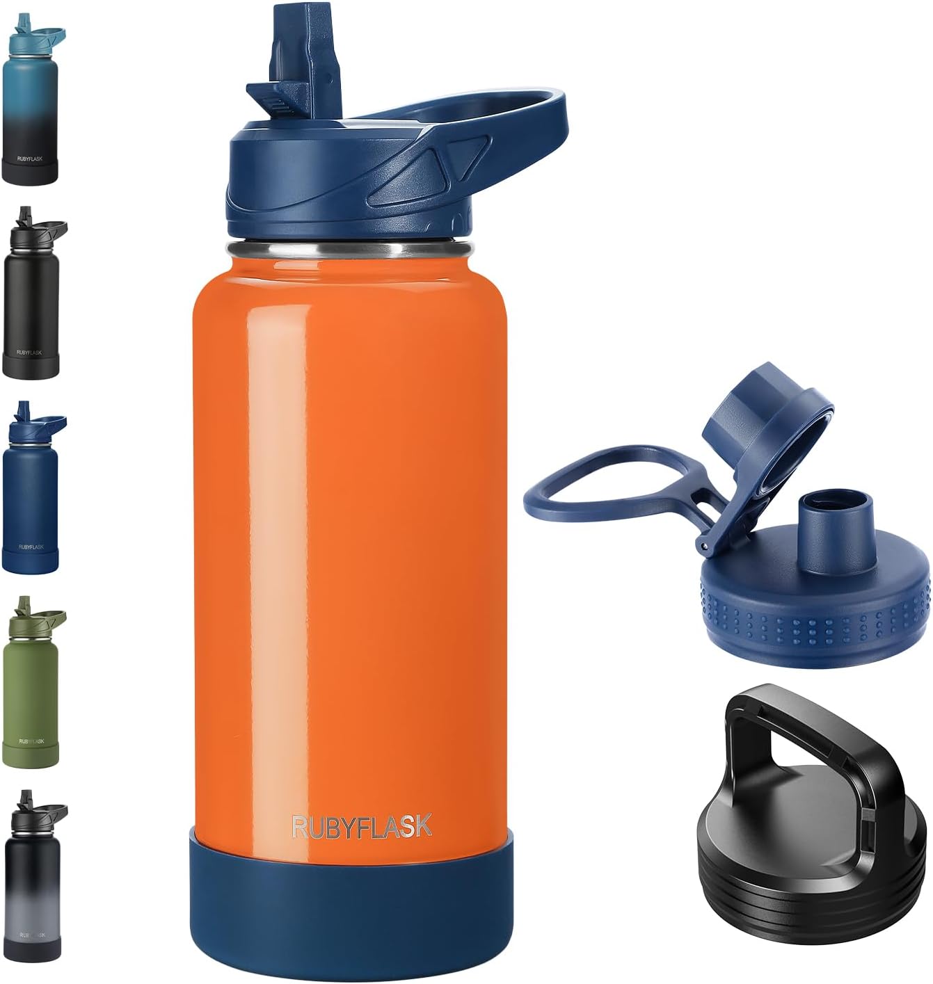 RUBYFLASK 32oz Insulated Water Bottle with Straw, Stainless Steel Metal Vacuum Water Flask, Large Thermal Water bottle with Leakproof 3 Lids for Travel, Camping, Gym Sports Indigo Black