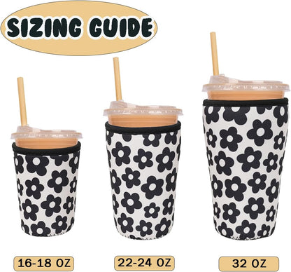 Reusable Insulated Neoprene Iced Coffee Cup Sleeve, Durable Drink Sleeve for Cold Beverages, Beverage Holder for Iced Coffee, Floral Checkers