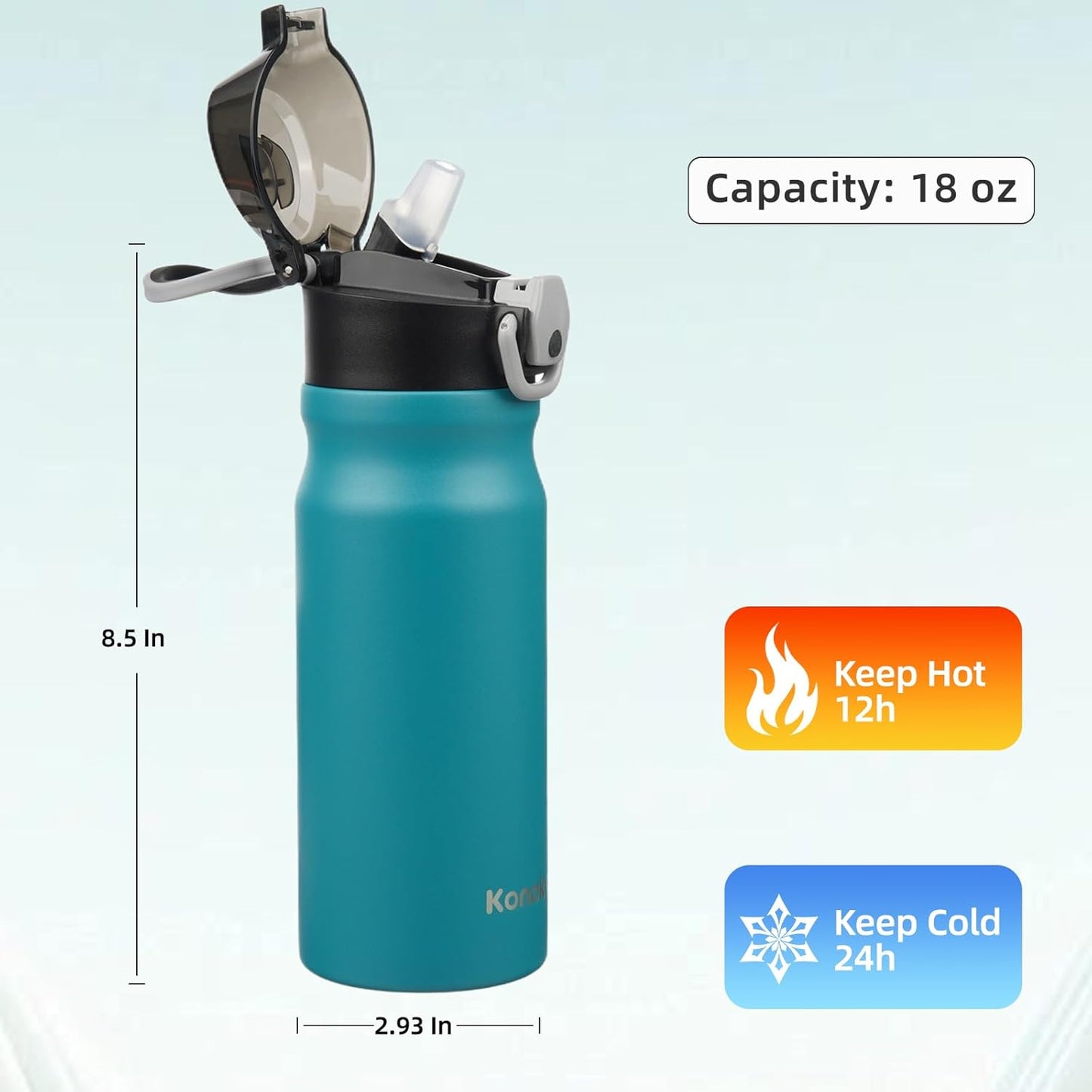 Konokyo 18 oz Insulated Water Bottle with Straw Lid, Stainless Steel Vacuum Sports Water Bottle, Leak-Proof Reusable Metal Flask with Carry Loop, BPA-Free Travel Bottle for Gym, School, Office