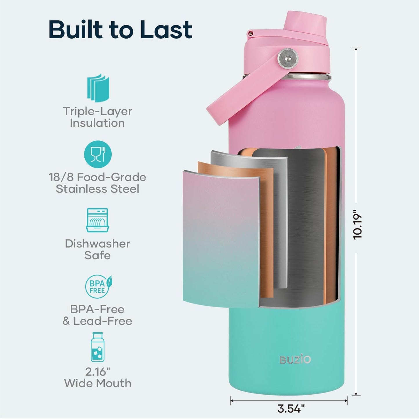 BUZIO 40oz Insulated Water Bottle, Triple Wall Vacuum Stainless Steel Water Flask with 2 lids, Lead-Free BPA-Free Straw Lid Sports Canteen Jug, Cold 48H & Hot 24H- Black - Colors B