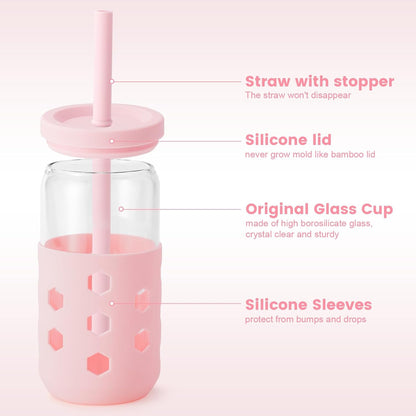 Mrsdry Glass Cups with Lids and Straws (4 Pcs), 16oz Drinking Glasses Set with Silicone Sleeves for Coffee Bar Accessories Iced Coffee Cups with Lids, Glass Tumbler Reusable for Gifts