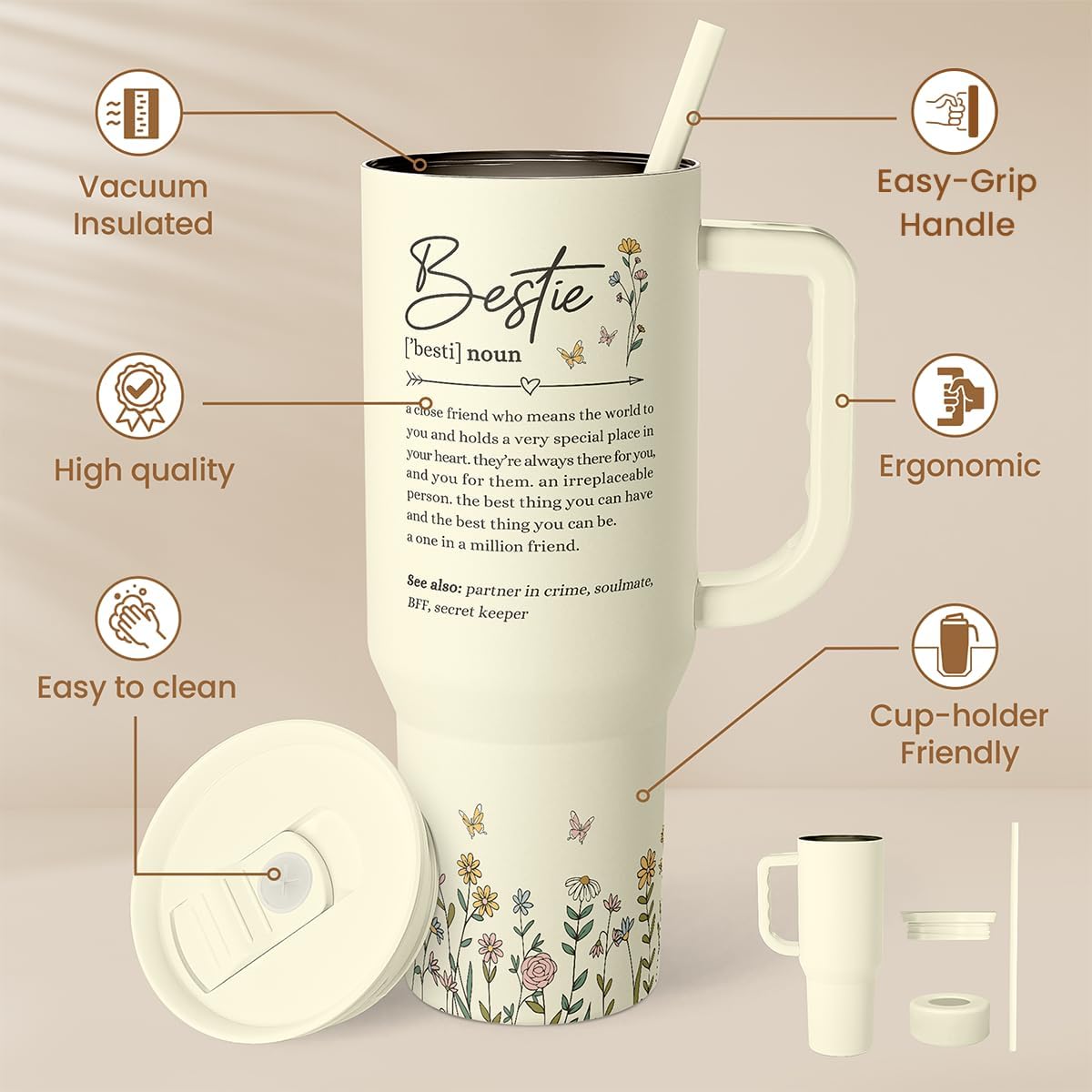 Floral Tumbler with Handle 40oz, Stainless Steel Insulated Tumblers Coffee Travel Mug Cup with Straw, Flower Coffee Cup Gifts for Women Girls, Gift for Her on Christmas Birthday Mothers Day