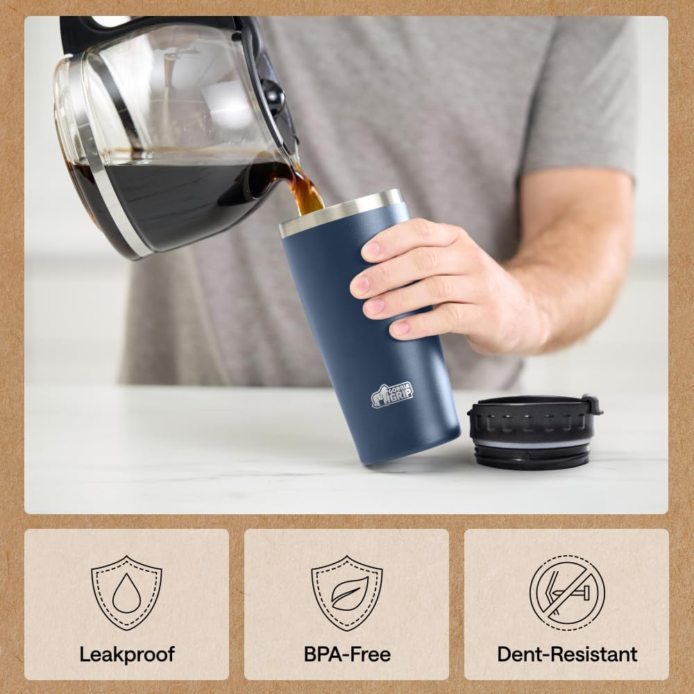 GORILLA GRIP 304 Stainless Steel Double Insulated Travel Coffee Mug, Leakproof Lid with Smooth Sip Top, Prevent Spills, Dent & Rust Resistant Reusable Tumbler Cup, Thermal Mugs for Drinks, 20oz, Black