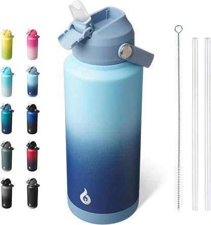 BJPKPK Insulated Water Bottle with Straw Lid, 18oz Thermo Water Bottles with Soft Nozzle, Flex Handle & Non-slip Boot, BPA Free Leak Proof Stainless Steel Metal Thermo, Tumblers, Cups,Sea Salt