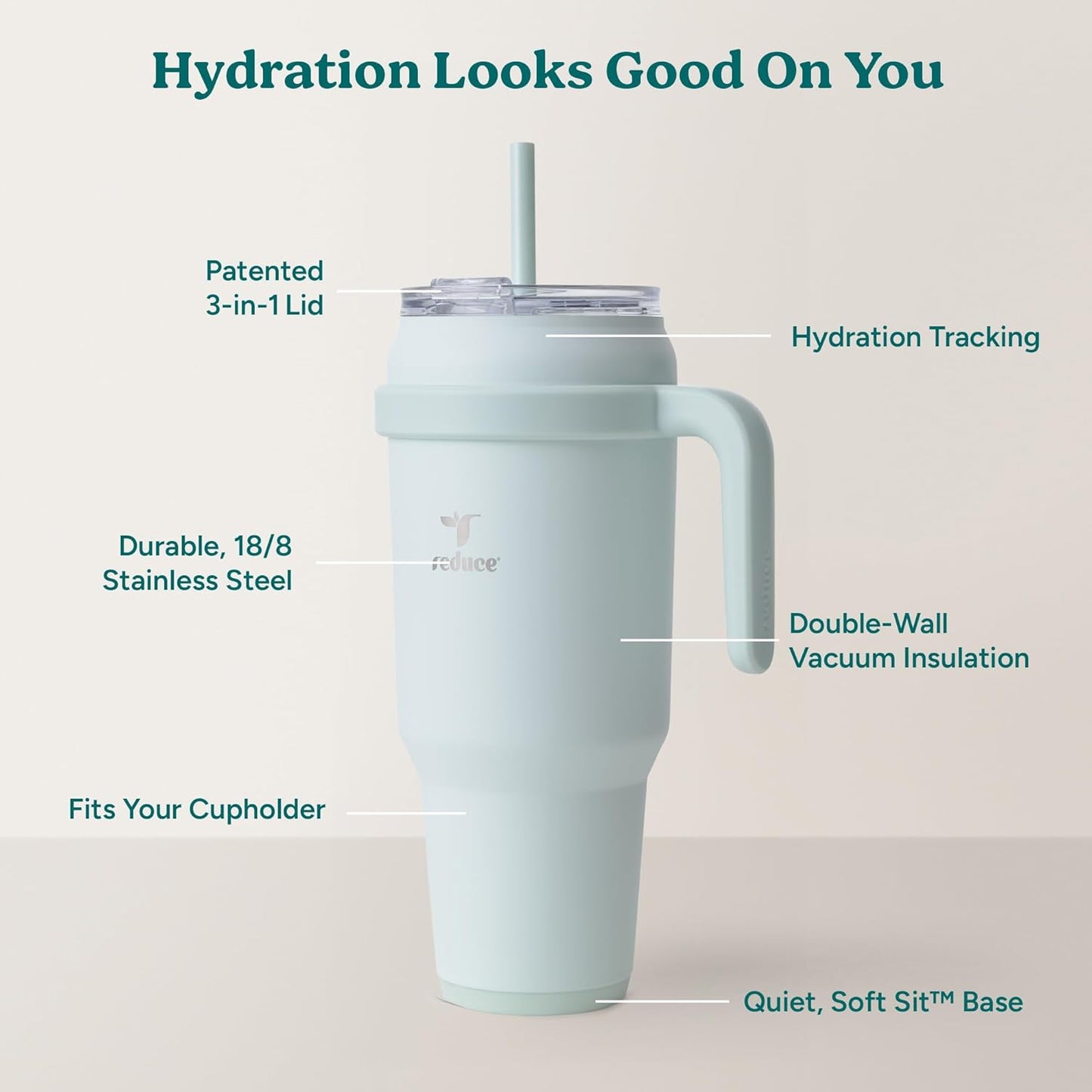REDUCE 24 oz Stainless Steel Tumbler with Handle - Dual-Wall Vacuum Insulated Travel Mug, Sweat-Proof Lid & Reusable Straw - Keeps Drinks Cold for 24 Hrs, Fits Cupholders, Dishwasher Safe - Lilac Bud