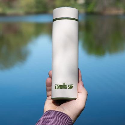 The London Sip Multi-Purpose Travel Mug and Tumbler Fruit Infused Flask Hot and Cold Double Wall Stainless Steel Thermos with Extra-Long Infuser, Purple