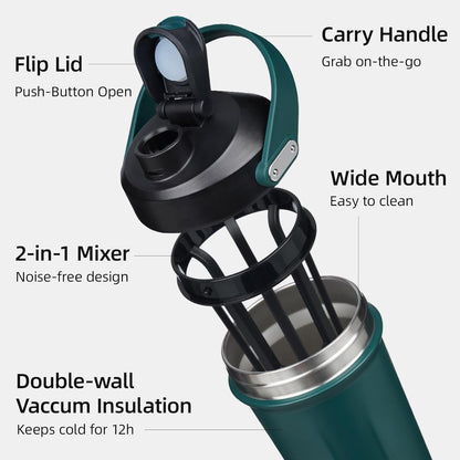 BJPKPK 25 oz Insulated Protein Shaker Bottle with Handle, Stainless Steel Tumbler for Protein Mixes,BPA Free Metal Shaker Cup for Gym Workout,White and Grey